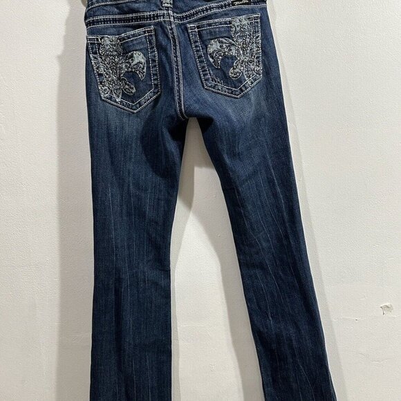 Miss Me Women Boot Cut Distressed Embellished Fleur Rear pockets Bling SZ 28 - Picture 1 of 11